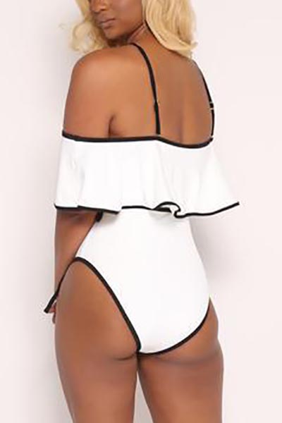Sexy Dew Shoulder Falbala Design White Polyester One-piece Swimwear