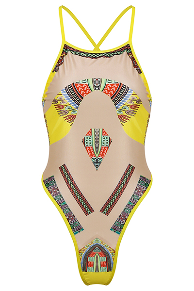 Sexy Printed See-Through Yellow Polyester One-piece Swimwear(Without Choker)