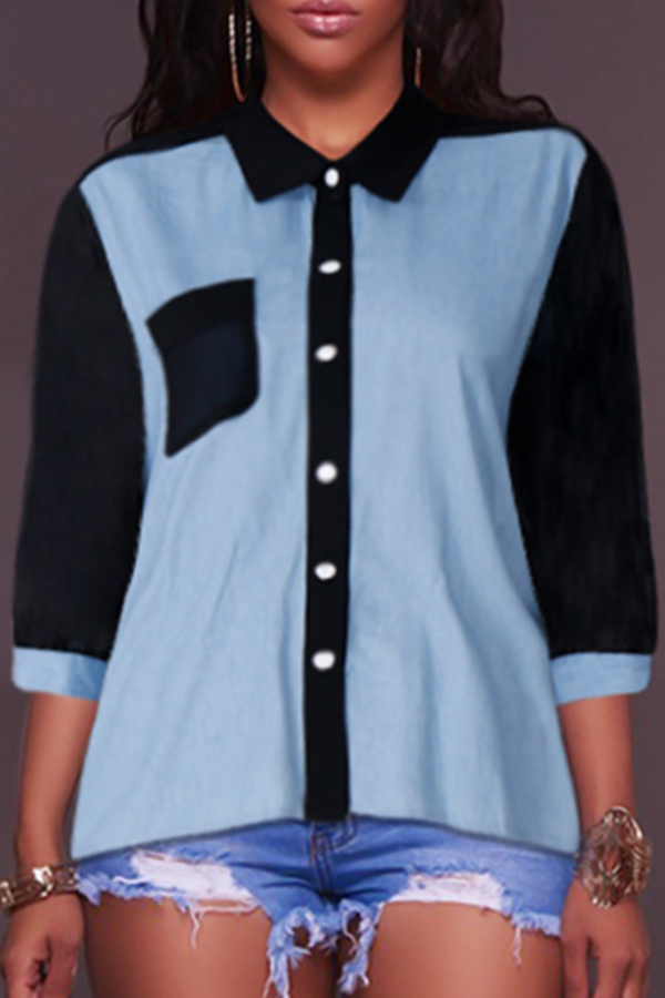  Euramerican Mandarin Collar Patchwork Blue Cotton Shirts