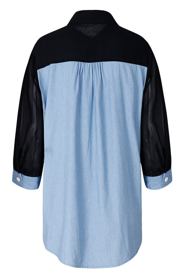  Euramerican Mandarin Collar Patchwork Blue Cotton Shirts