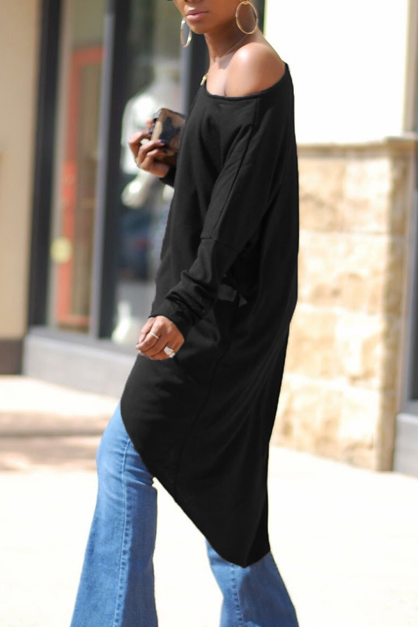  Leisure Dew Shoulder Long Sleeves Asymmetrical Black Cotton Shirts