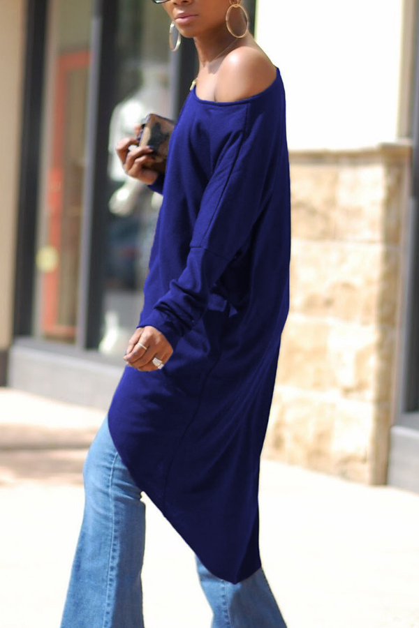  Leisure Dew Shoulder Long Sleeves Asymmetrical Navy Blue Cotton Shirts