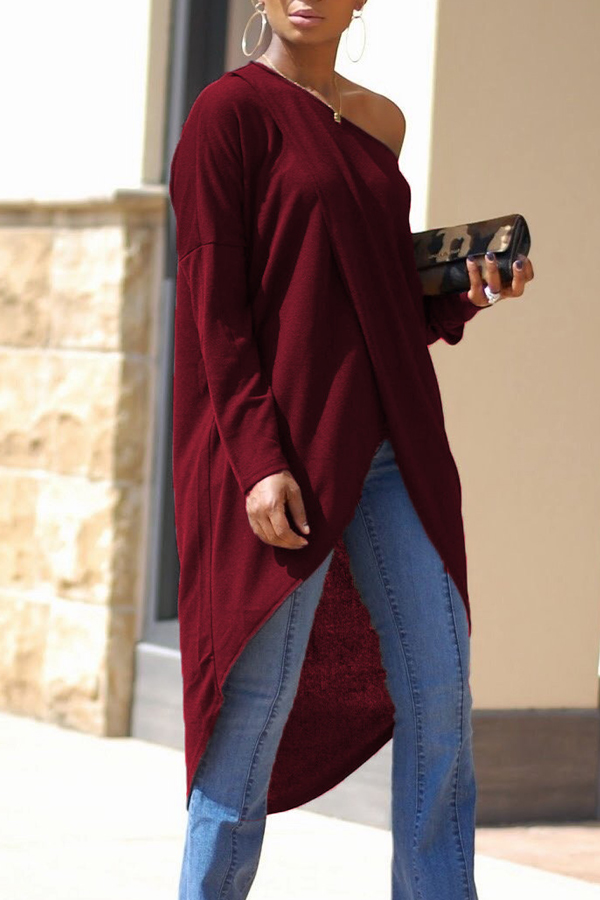  Leisure Dew Shoulder Long Sleeves Asymmetrical Wine Red Cotton Shirts