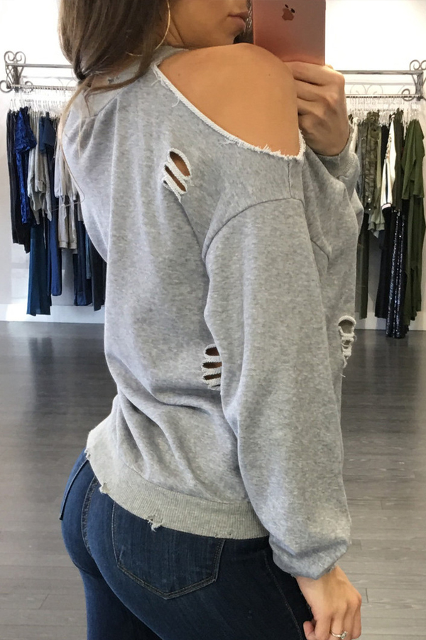  Sexy Round Neck Hollow-out Grey Cotton Shirts