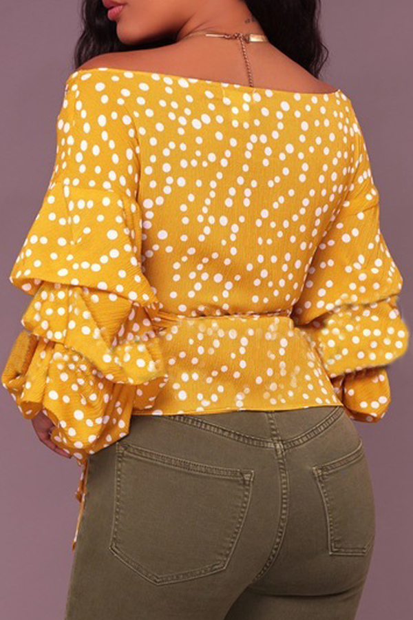  Sexy V Neck Polka Dot Design Yellow Cotton Shirts