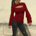  Stylish Round Neck Long Sleeves Hollow-out Wine Red Polyester Shirts