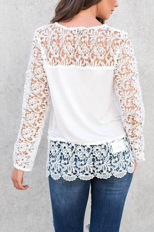  Stylish Round Neck Long Sleeves Lace Trim Patchwork White Polyester Shirts