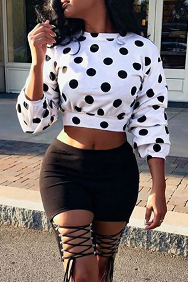  Trendy Round Neck Dots Printed Hollow-out White Polyester Shirts