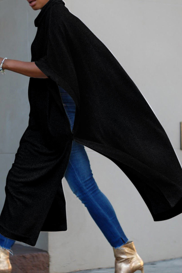  Trendy Turtleneck Half Sleeves Black Cotton Blends Long Coat