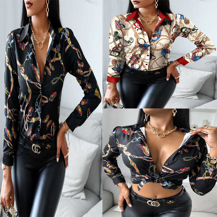 2021 new women's printed lapel single-breasted sexy shirt #95137