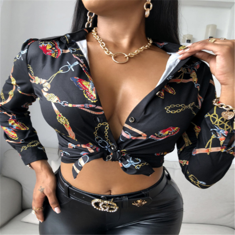2021 new women's printed lapel single-breasted sexy shirt #95137