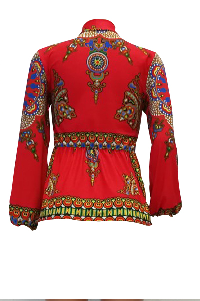 Ethnic Style Mandarin Collar Long Sleeves Totem Printed Red Milk Fiber Shirts