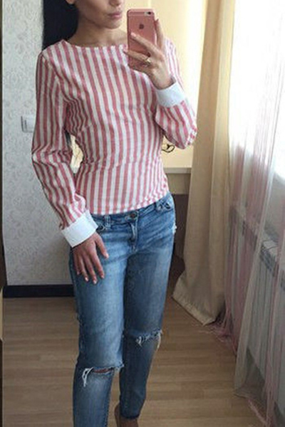 Euramerican Round Neck Long Sleeves V-shaped Backless Striped Pink Linen Shirts