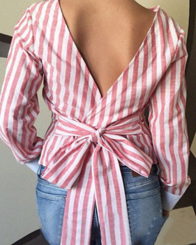 Euramerican Round Neck Long Sleeves V-shaped Backless Striped Pink Linen Shirts