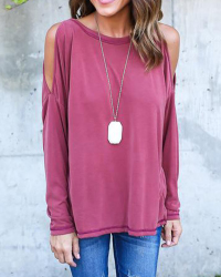 Leisure Round Neck Long Sleeve Hollow-out Rose Red Cotton Blouses
