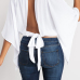 Leisure Round Neck Three Quarter Sleeves Backless White Polyester T-shirt