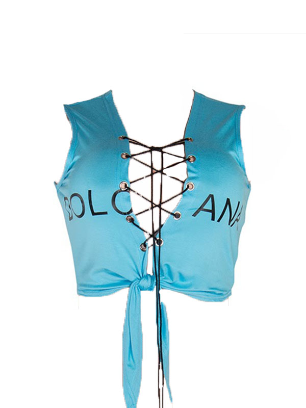 Leisure V Neck Sleeveless Lace-up Hollow-out Light Blue Cotton Shirts