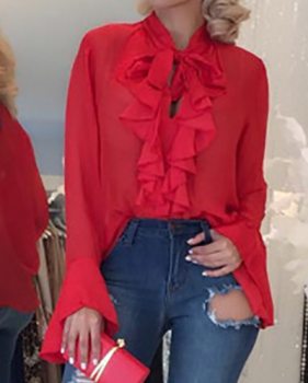 Pullovers Chiffon V Neck Long Sleeve Solid Blouses&Shirts