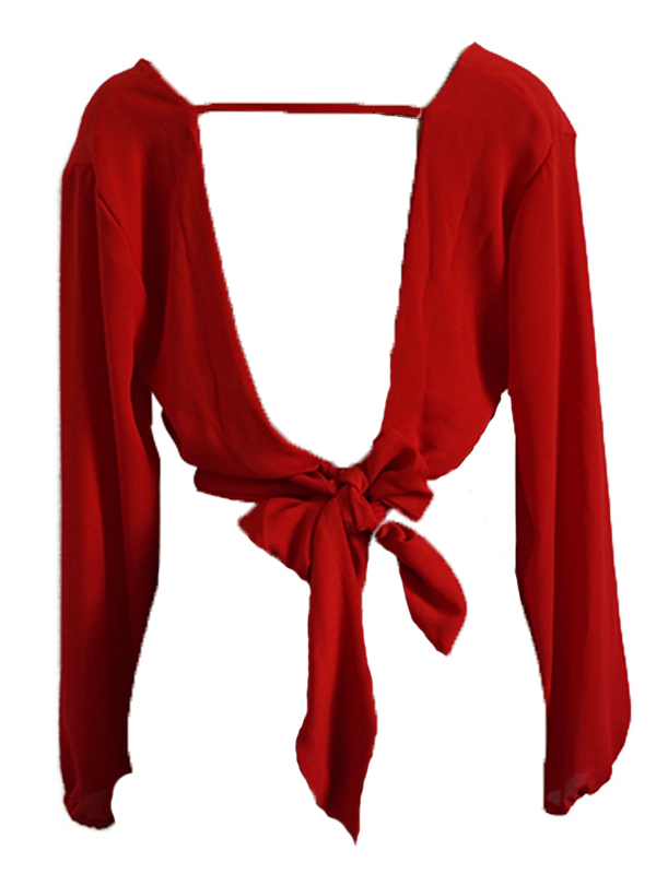 Sexy V Neck Long Sleeves Red Chiffon Shirts