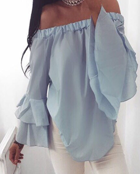 Stylish Dew Shoulder Long Sleeves Falbala Design Blue Chiffon Shirts