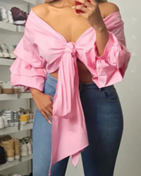 Stylish V Neck Long Sleeves Falbala Design Pink Polyester Shirts