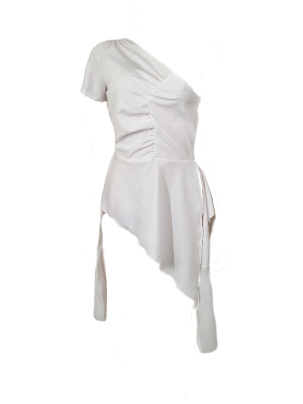 Trendy Dew Shoulder Asymmetrical White Polyester Tops