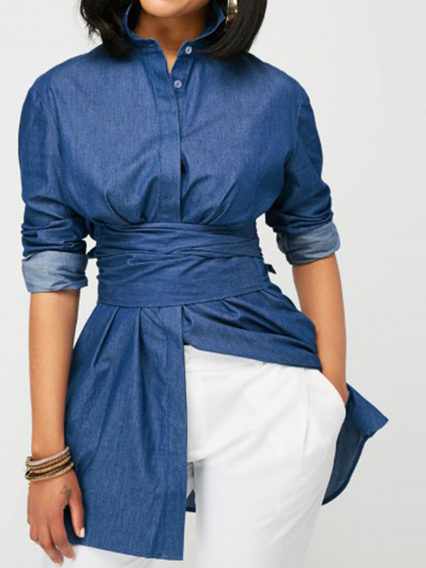 Trendy Mandarin Collar Long Sleeves Bandage Blue Denim Shirts