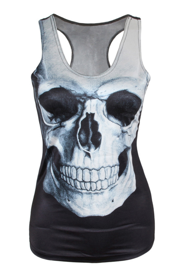  Leisure Round Neck Skull Printing Backless Black Polyester Tank Top