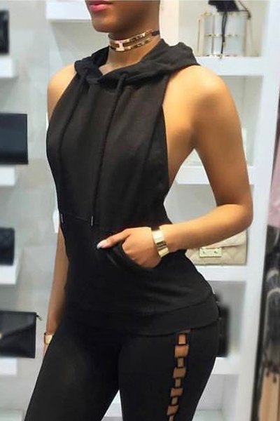 Sexy Backless Black Polyester Shirts