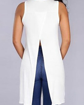 Trendy Round Neck Sleeveless High Split White Cotton Blends Tops