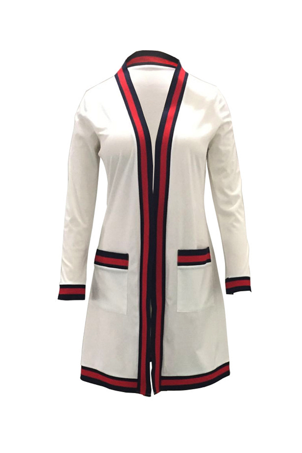  Euramerican Long Sleeves Striped White Polyester Long Cardigans