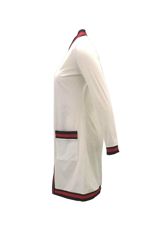  Euramerican Long Sleeves Striped White Polyester Long Cardigans