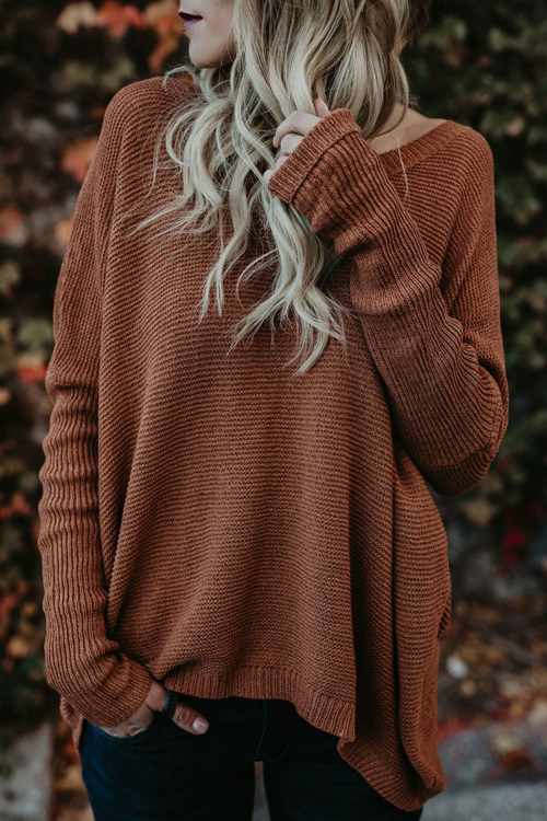  Euramerican Round Neck Asymmetrical Brown Acrylic  Sweaters