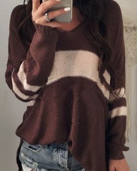  Euramerican V Neck Long Sleeves Patchwork Chocolate Wool Sweaters 