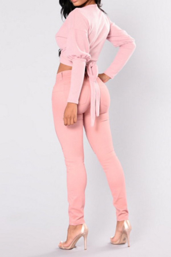  Euramerican  V Neck Long Sleeves Pink Cotton Pullovers
