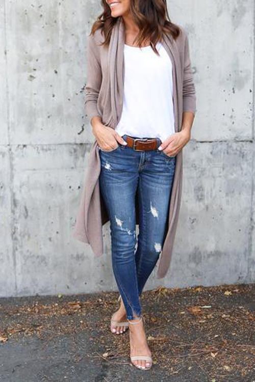  Leisure Long Sleeves Light Gray Cotton Cardigans