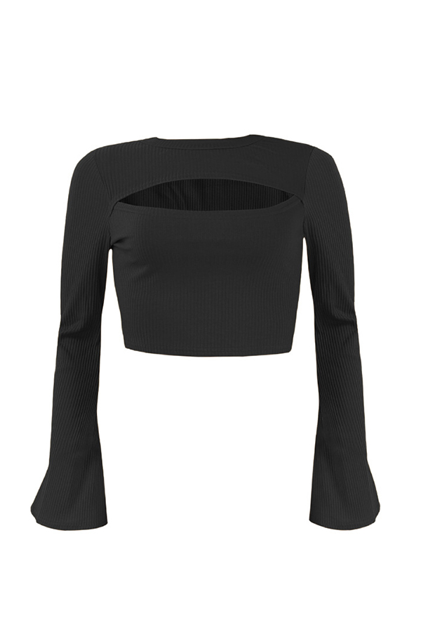  Sexy Round Neck Mandarin Sleeves Broken Holes Black Sweaters