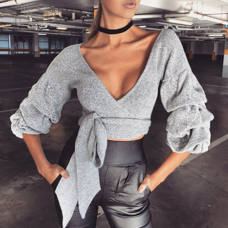Casual V Neck Long Sleeves Lace-up Grey Cotton Pullovers
