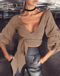 Casual V Neck Long Sleeves Lace-up Khaki Cotton Pullovers