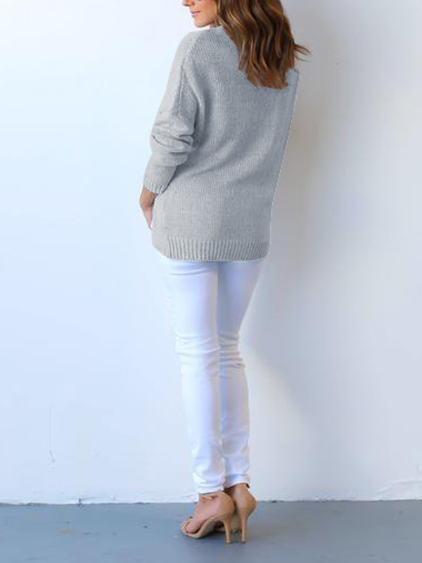 Euramerican V Neck Long Sleeves Asymmetrical Grey Cotton Sweaters