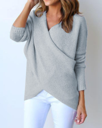 Euramerican V Neck Long Sleeves Asymmetrical Grey Cotton Sweaters