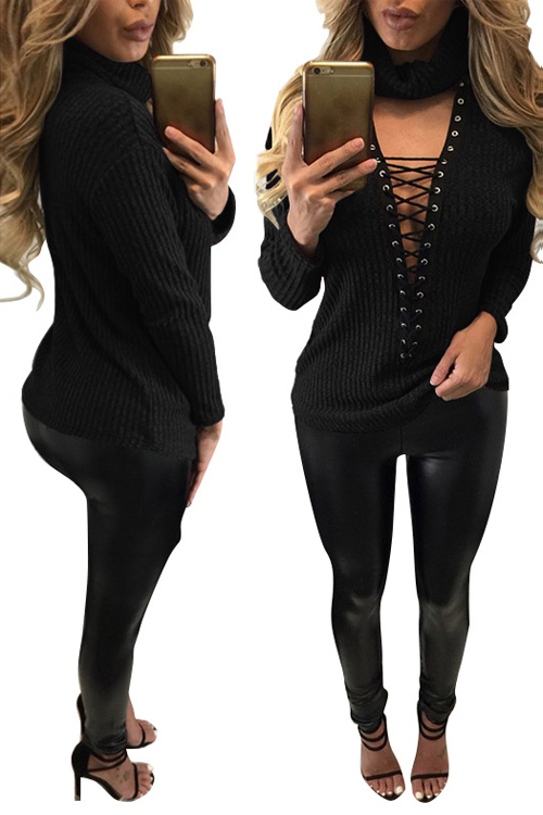 Sexy Deep V Neck Hollow-out Black Knitting Sweaters