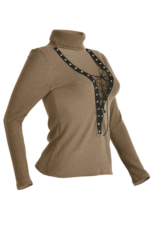 Sexy Deep V Neck Hollow-out Khaki Knitting Sweaters
