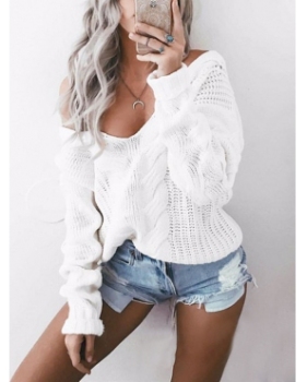 Stylish V Neck Long Sleeves White Cotton Blends Pullovers