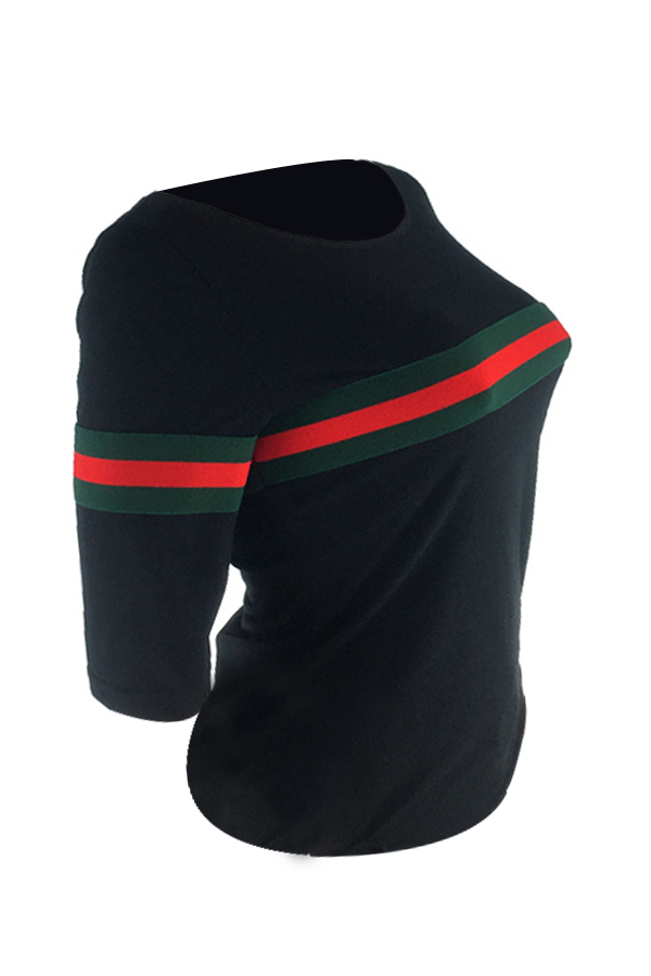  Casual Round Neck Striped Patchwork Black Cotton T-shirt