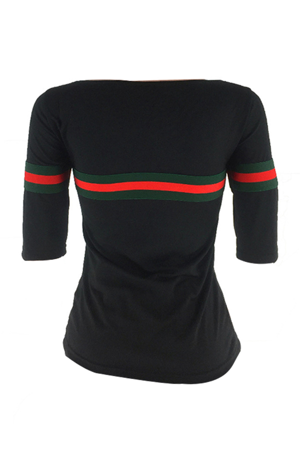  Casual Round Neck Striped Patchwork Black Cotton T-shirt