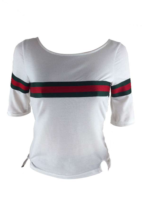  Casual Round Neck Striped Patchwork White Cotton T-shirt