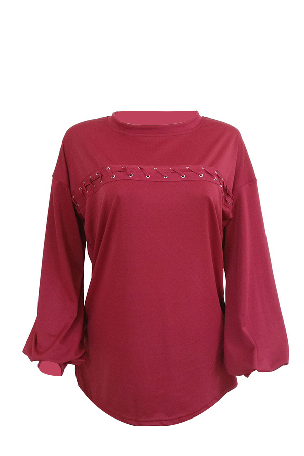  Fashion Round Neck Lantern Sleeves Lace-up Wine Red Blending T-shirt