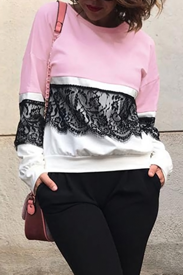  Fashionable Round Neck Lace Patchwork Pink Polyester T-shirt