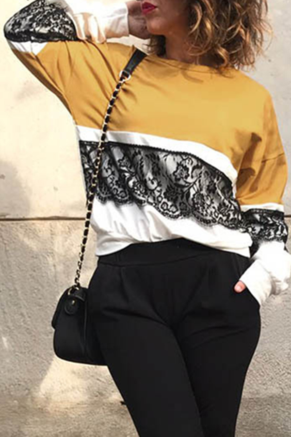  Fashionable Round Neck Lace Patchwork Yellow Polyester T-shirt
